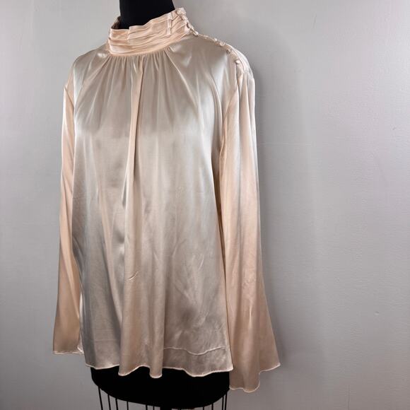 VINTAGE Fashion Instinct Beige Top Silk Stretch Pleated Turtleneck Flutter 1X - Picture 2 of 6